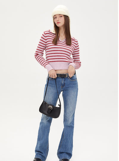 Pink Striped V-neck Lapel Top