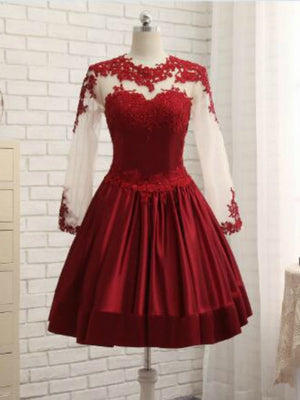Burgundy Satin Lace Long Sleeve Homecoming Dress