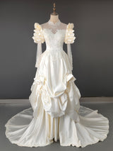 Vintage Champagne Satin Long Sleeve Wedding Dress