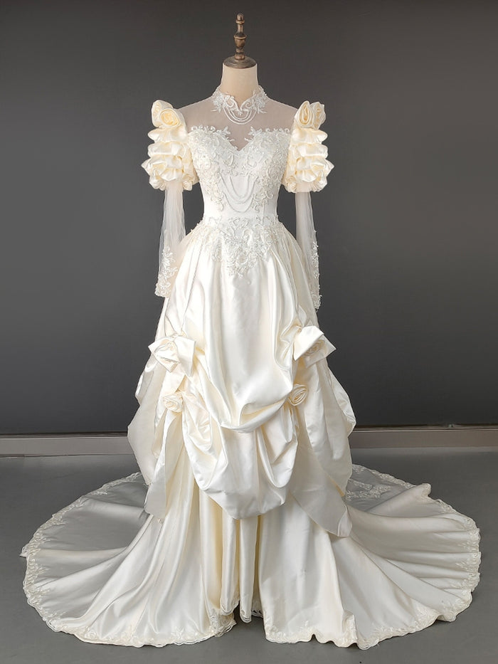 Vintage Champagne Satin Long Sleeve Wedding Dress