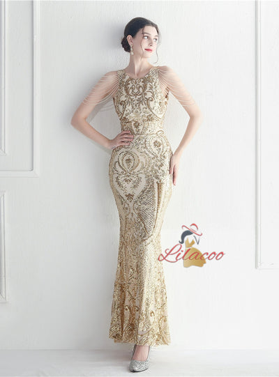 Mermaid Sequins Sleeveless Beading Prom Dress