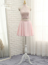 Pink Chiffon Halter Beading Homecoming Dress