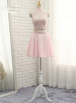 Pink Chiffon Halter Beading Homecoming Dress