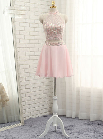 Pink Chiffon Halter Beading Homecoming Dress