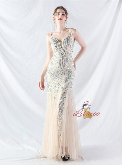 Mermaid Tulle Sequins Straps Prom Dress