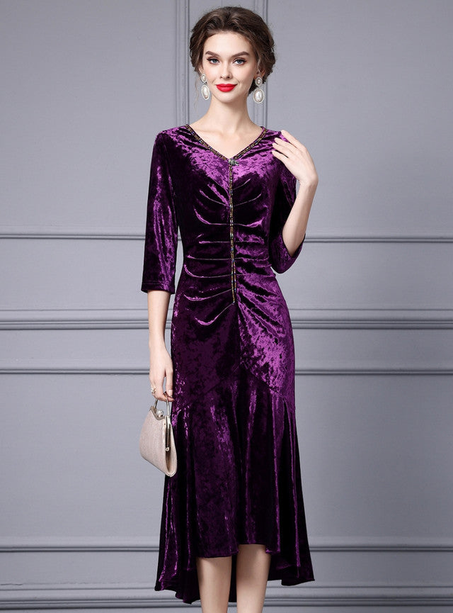 Purple Velvet Beading Mother Of The Bride Dress