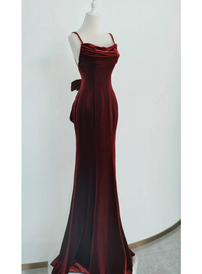 Burgundy Velvet Straps Backless Prom Dress