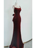Burgundy Velvet Straps Backless Prom Dress