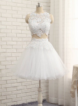 White Tulle Lace Two Piece Homecoming Dress
