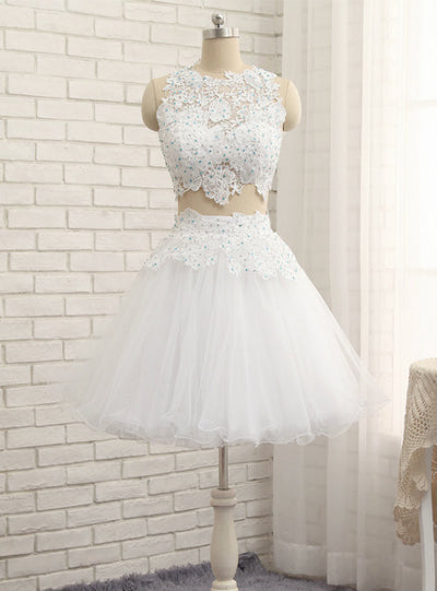 White Tulle Lace Two Piece Homecoming Dress