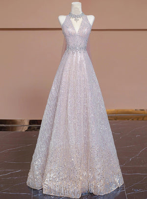 Pink Sequins Halter Beading Crystal Prom Dress