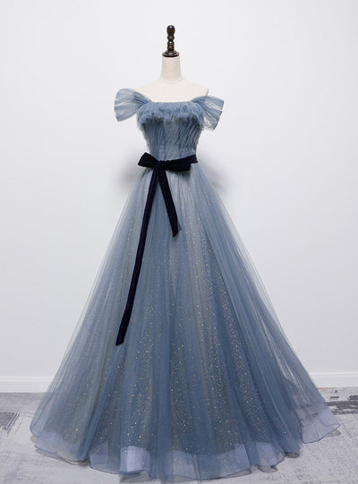 Blue Tulle Sequins Pleats Prom Dress
