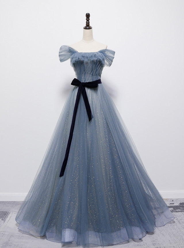 Blue Tulle Sequins Pleats Prom Dress