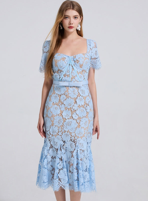 Sexy Short Sleeve Square Collar Lace Dress