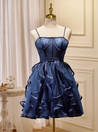 Navy Blue Tulle Straps Pearls Homecoming Dress