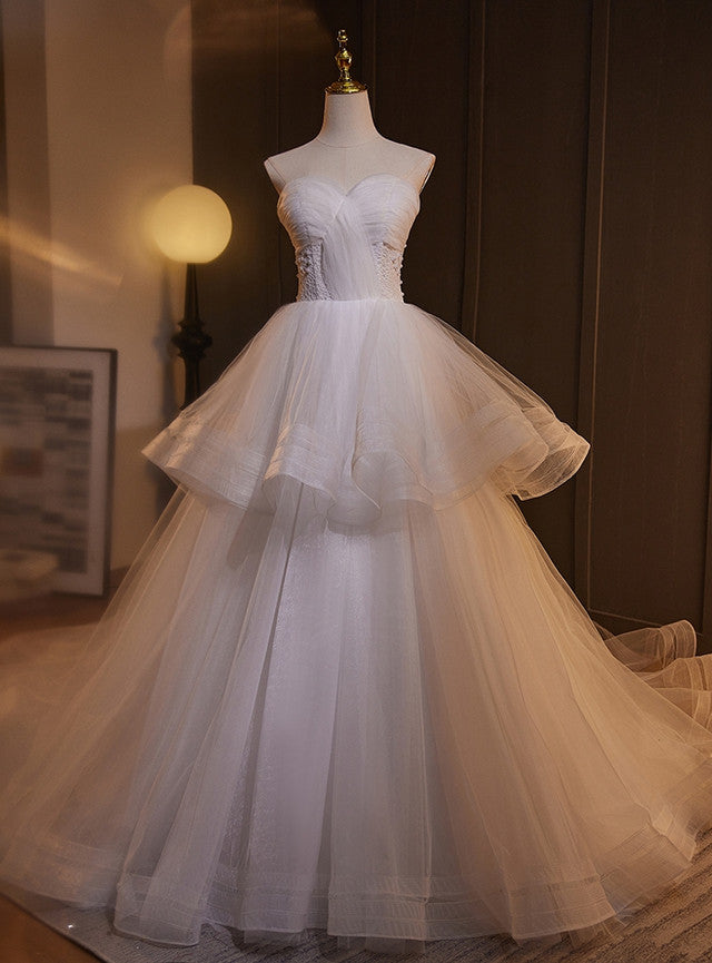 White Tulle Pleats Wedding Dress