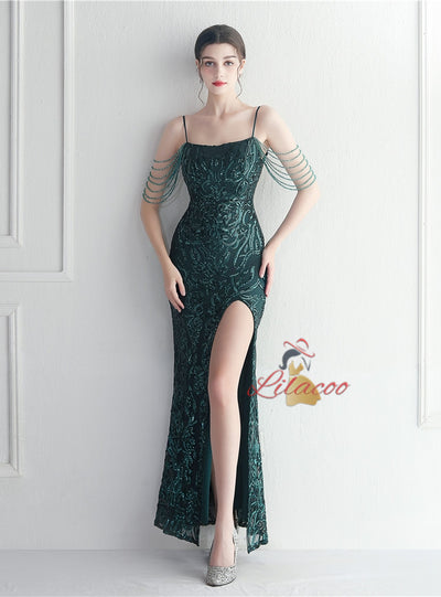 Mermaid Sequins Spaghetti Straps Beading Prom Dress