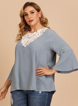 Trumpet Sleeve Lace V-neck Solid Color Loose Top
