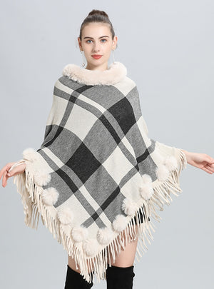 Round Neck Plaid Fur Ball Pullover Cloak Shawl