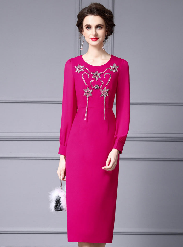 Fuchsia Long Sleeve Beading Mother Of The Bride Dress