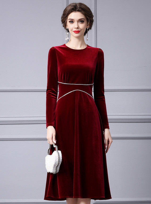 Burgundy Velvet Long Sleeve Mother Of The Bride Dress