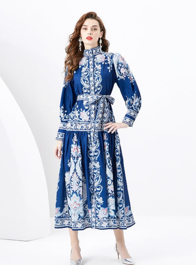 Retro Printed Slim Bubble Sleeve Dress