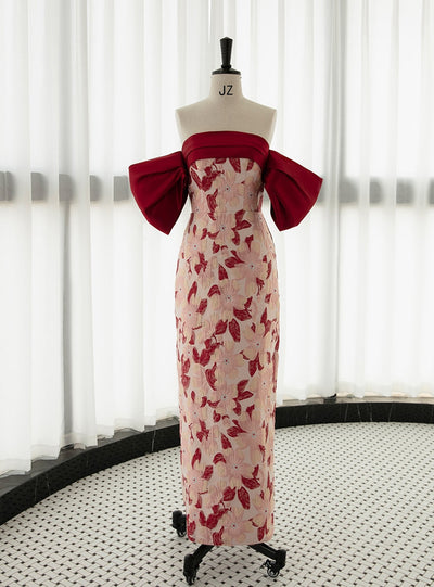 Burgundy Print Off the Shoulder Prom Dress