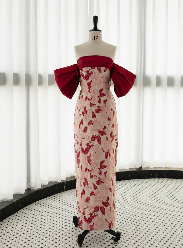 Burgundy Print Off the Shoulder Prom Dress