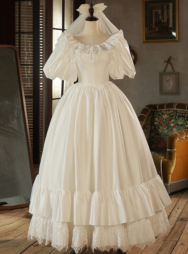 White Satin Lace Puff Sleeve Wedding Dress