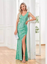 V-neck Sequined Slit Evening Dress