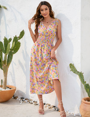 Floral Printed V-neck Suspender Dress