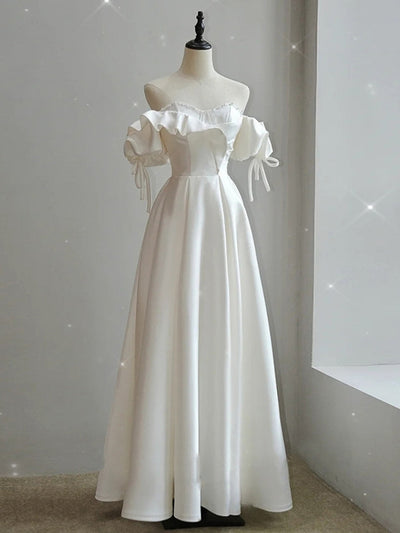 White Satin Strapless Puff Sleeve Wedding Dress