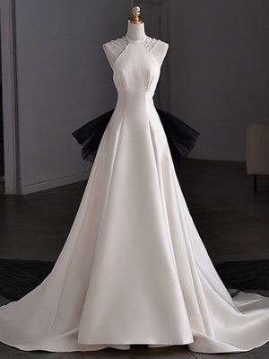 White Satin Halter Black Tulle Backless Wedding Dress