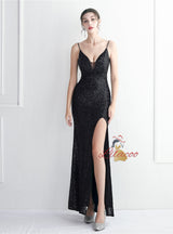 Straps Sequins Split Prom Dress