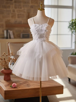 White Tulle Spaghetti Straps Pearls Short Dress
