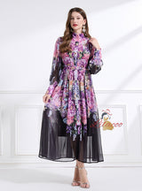 Vertical Collar Flower Print Dress