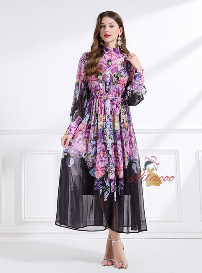 Vertical Collar Flower Print Dress