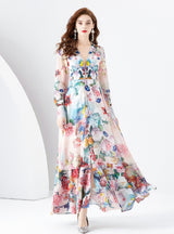 Retro Deep V-neck Lantern Sleeve Printed Sress