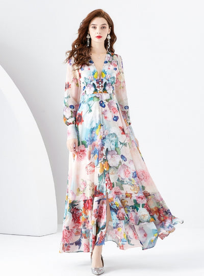 Retro Deep V-neck Lantern Sleeve Printed Sress