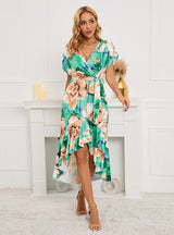 V-neck Bat Sleeve Printed Dress