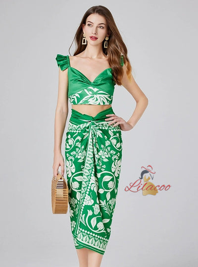 Contrast Printed Suspender Top+Strap Two-piece Suit