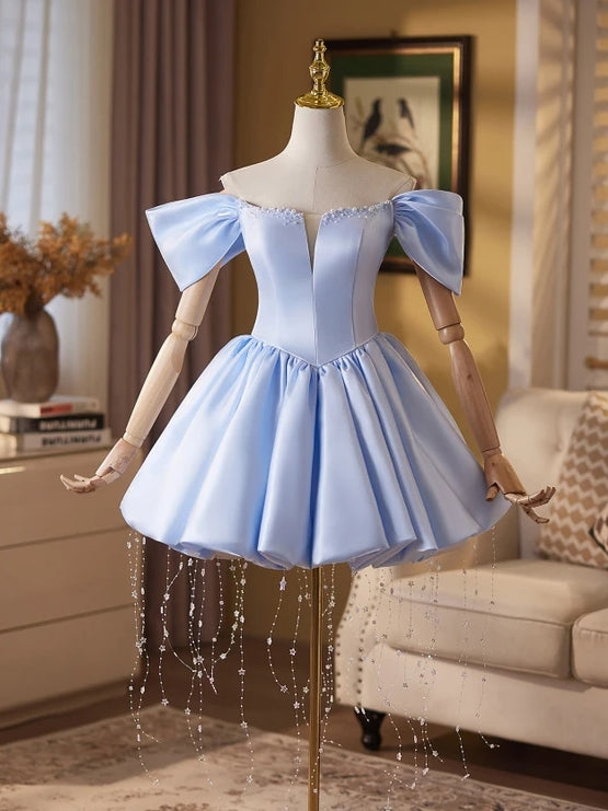 Blue Satin Beading Homecoming Dress