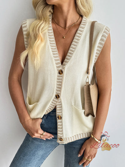Contrast Sleeveless Cardigan Knitted Vest