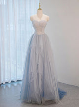 Blue Tulle Sequins Pleats Prom Dress