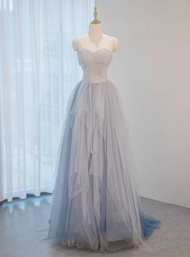 Blue Tulle Sequins Pleats Prom Dress