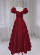 Burgundy Satin Puff Sleeve Pleats Prom Dress