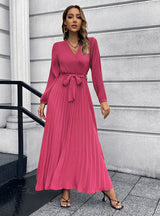 V-neck Long-sleeved Pleated Long Dress