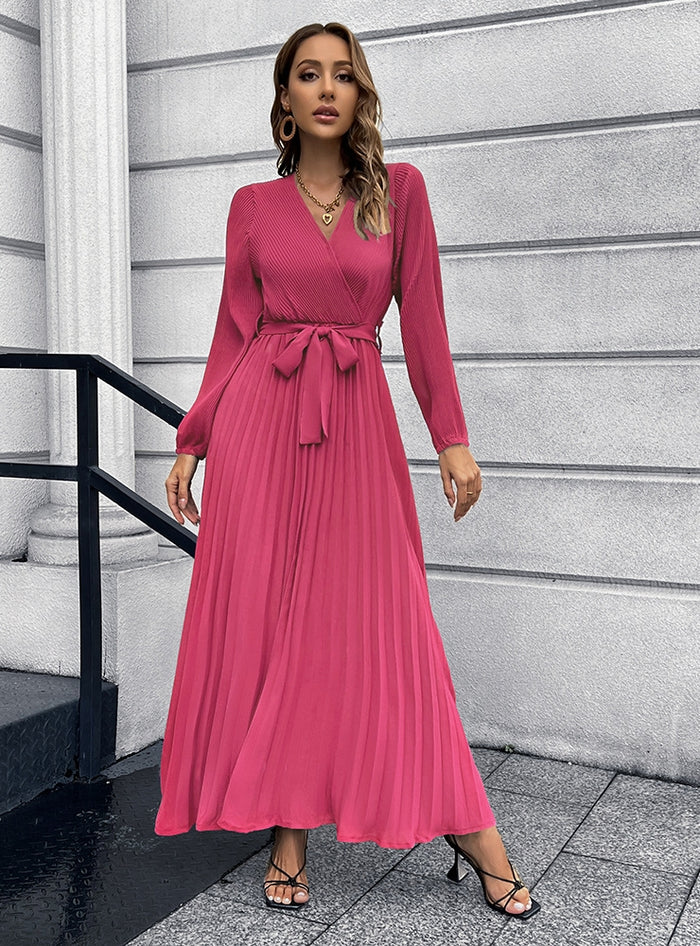 V-neck Long-sleeved Pleated Long Dress