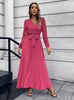 V-neck Long-sleeved Pleated Long Dress