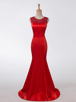 Red Mermaid Satin Beading Pearls Prom Dress